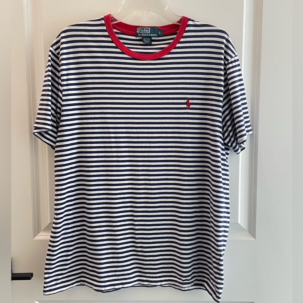 Polo by Ralph Lauren Men's Striped Navy and White T-Shirt